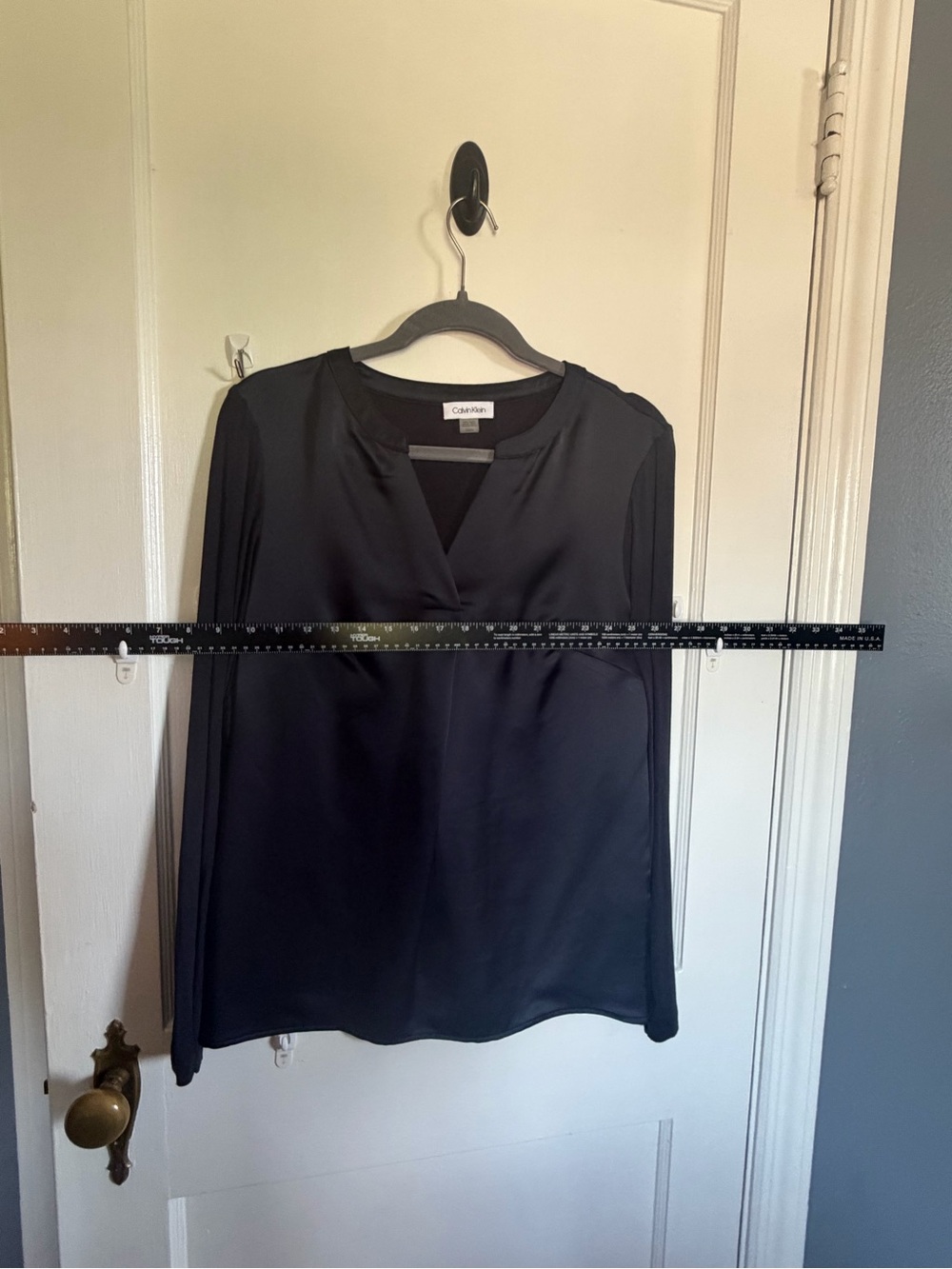 Calvin Klein Navy V-Neck Long Sleeve Satin-Look Blouse - Picture 2 of 4